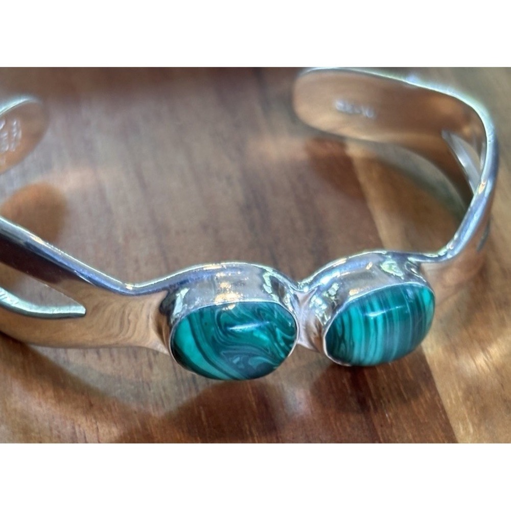 VTG Mexico Modernist Sterling Silver Malachite Cuff Bracelet 6.75"